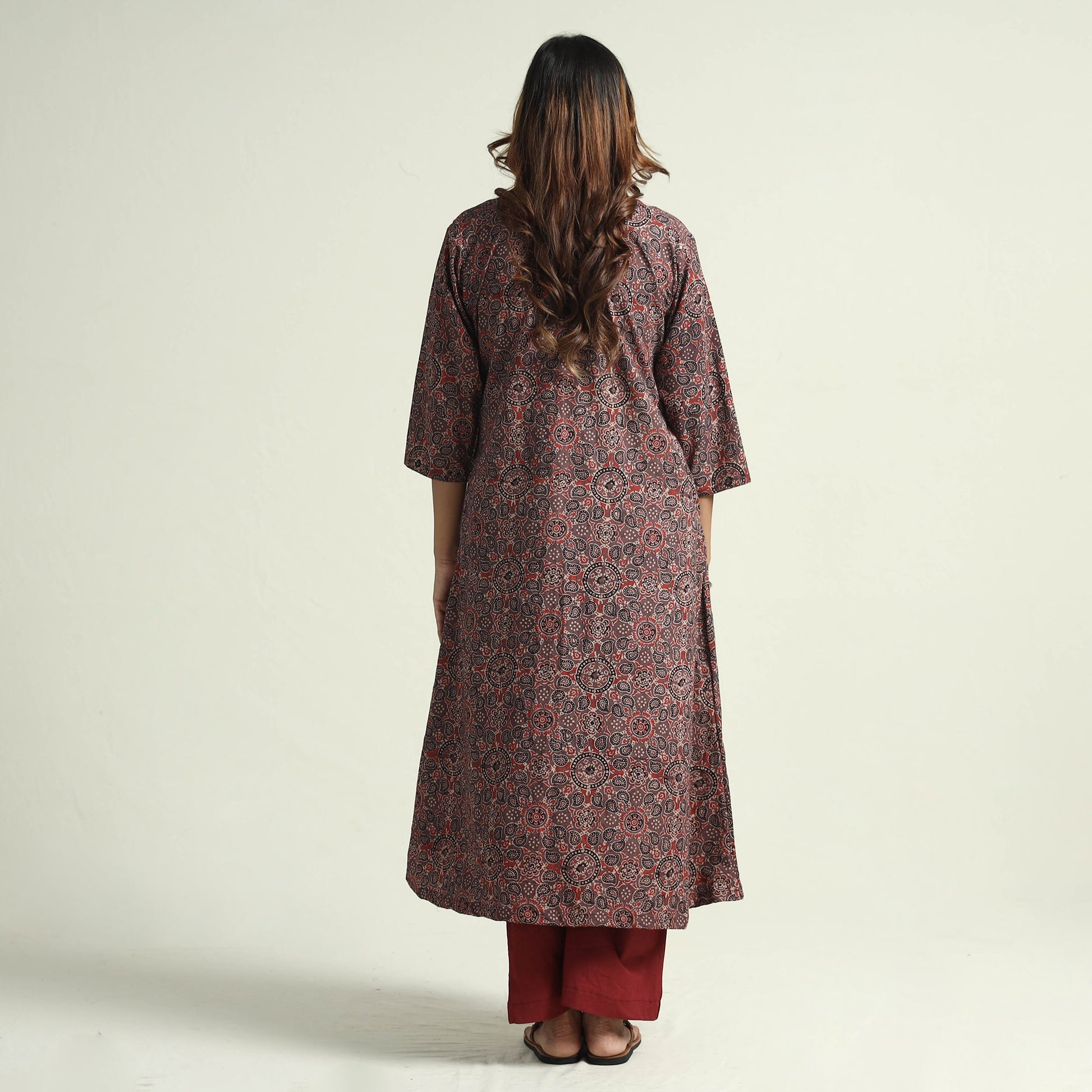 Brown - Block Print Cotton Flared Ajrakh Kurta with Palazzo Set