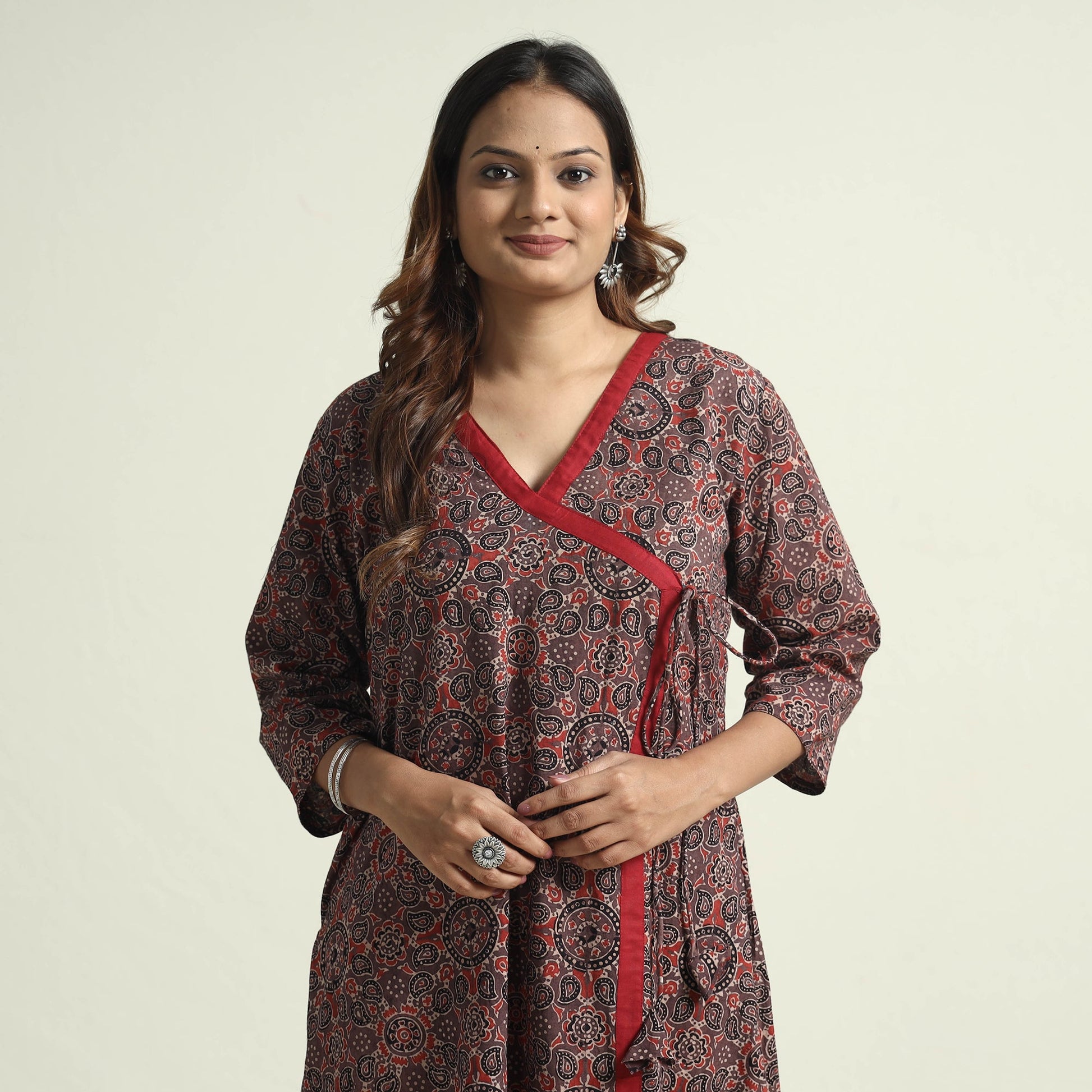 Brown - Block Print Cotton Flared Ajrakh Kurta with Palazzo Set