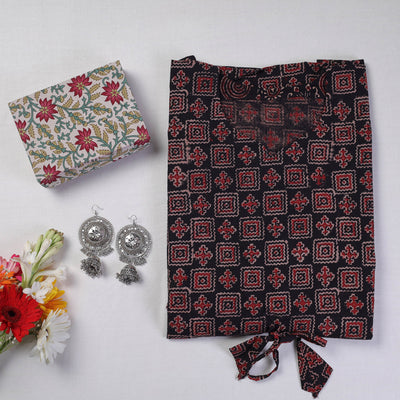 Black - Ajrakh Block Printed Kaftan with Oxidized Earrings & Jewelry Box