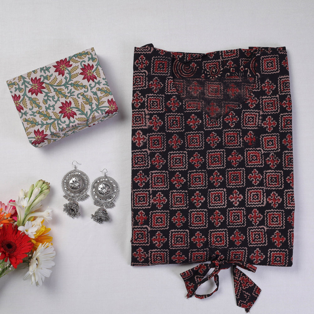 Black - Ajrakh Block Printed Kaftan with Oxidized Earrings & Jewelry Box