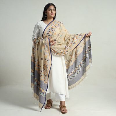 Beige - Bengal Kantha Embroidery Cotton Handloom Dupatta 100