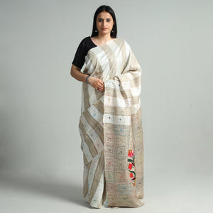 Beige - Bengal Kantha Hand Embroidery Pure Ghicha Silk Handloom Saree 135