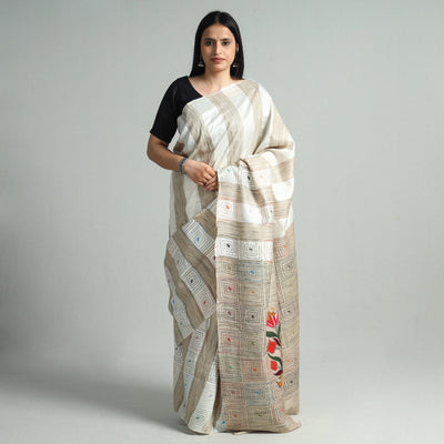 Beige - Bengal Kantha Hand Embroidery Pure Ghicha Silk Handloom Saree 135