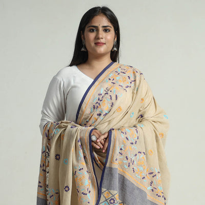 Beige - Bengal Kantha Embroidery Cotton Handloom Dupatta 100