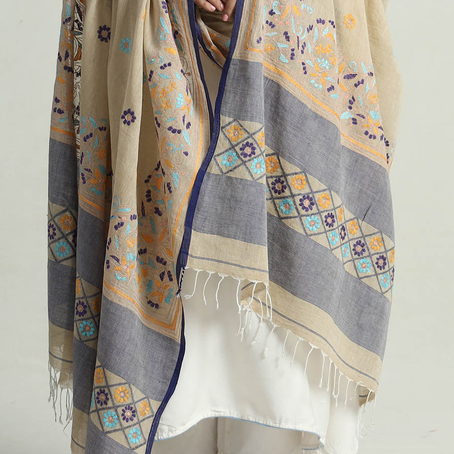 Beige - Bengal Kantha Embroidery Cotton Handloom Dupatta 100