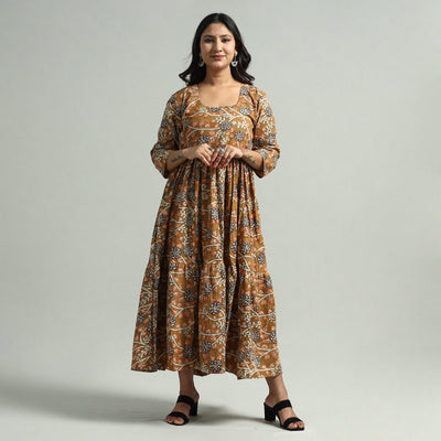 Brown - Kalamkari Printed Tiered Cotton Dress