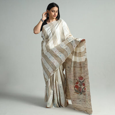 Beige - Bengal Kantha Hand Embroidery Pure Ghicha Silk Handloom Saree 135