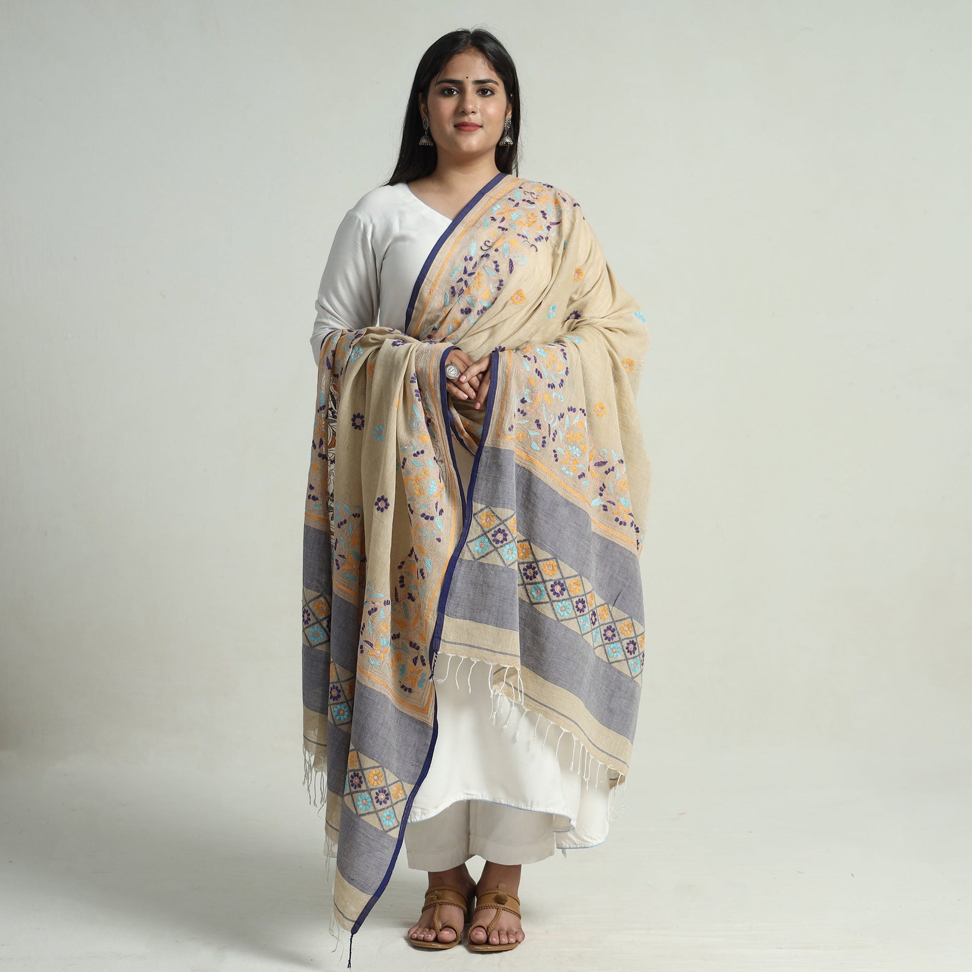 Beige - Bengal Kantha Embroidery Cotton Handloom Dupatta 100