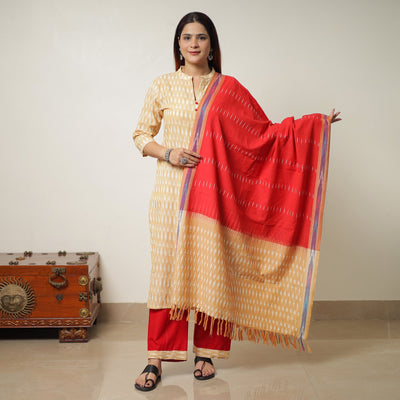 Beige - Pochampally Ikat Weave Cotton Kurta with Palazzo & Dupatta Set 14