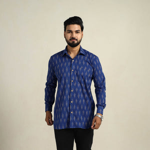 Blue - Full Sleeve Men Cotton Pochampally Ikat Shirt 11