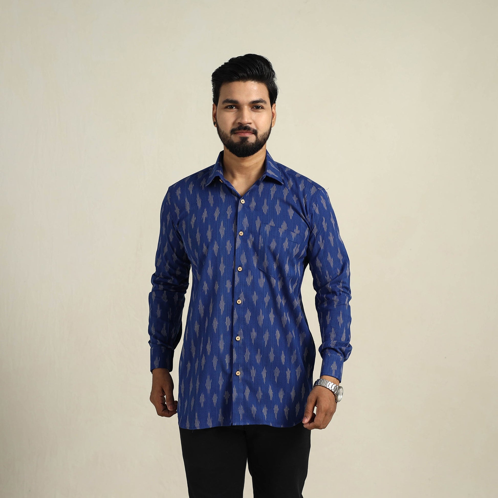 Blue - Full Sleeve Men Cotton Pochampally Ikat Shirt 11