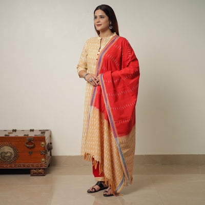 Beige - Pochampally Ikat Weave Cotton Kurta with Palazzo & Dupatta Set 14