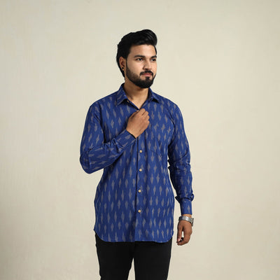 Blue - Full Sleeve Men Cotton Pochampally Ikat Shirt 11