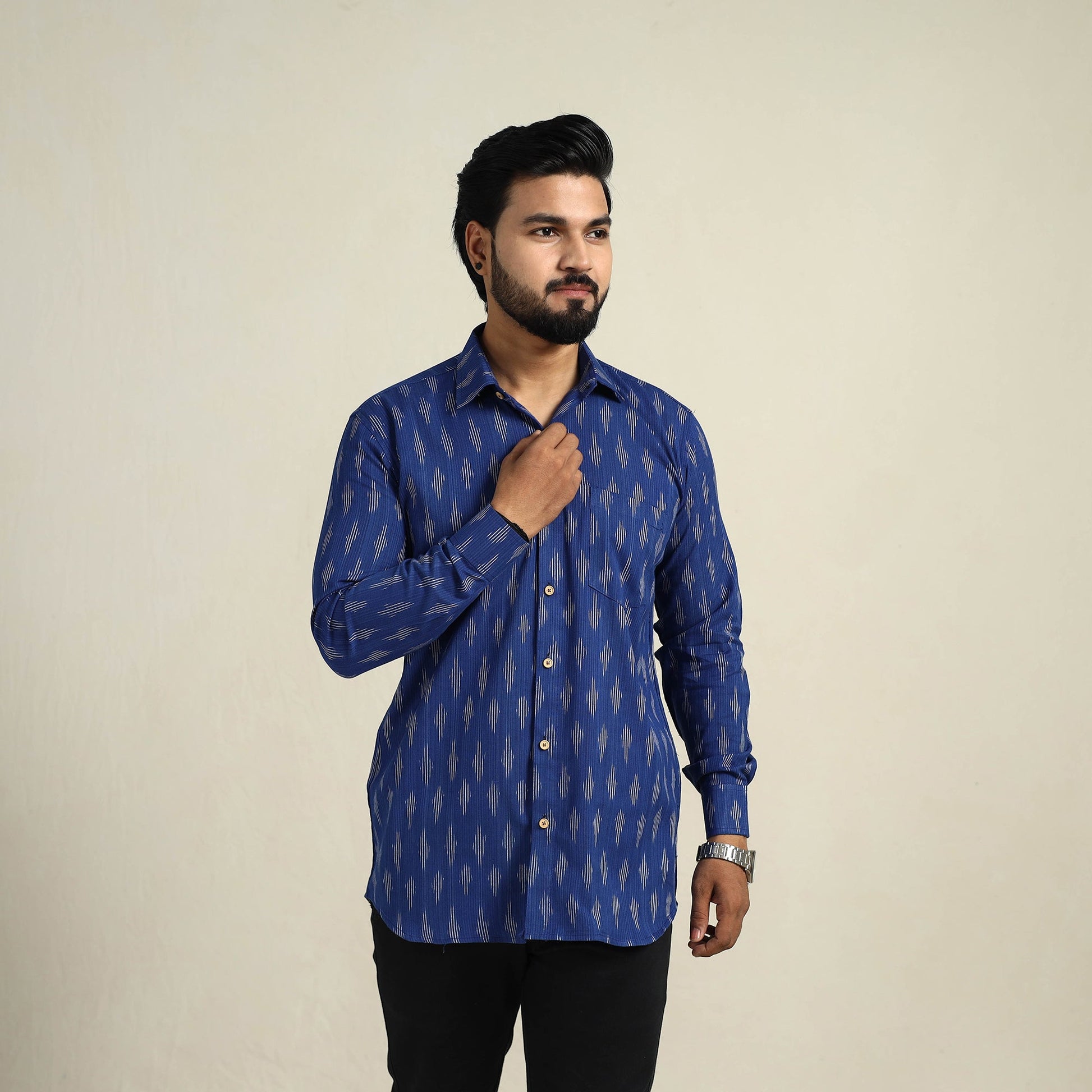 Blue - Full Sleeve Men Cotton Pochampally Ikat Shirt 11