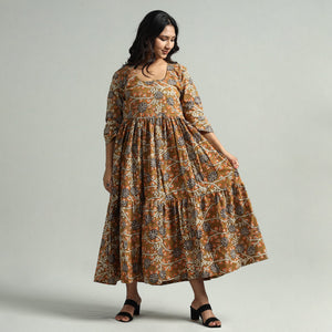 Brown - Kalamkari Printed Tiered Cotton Dress