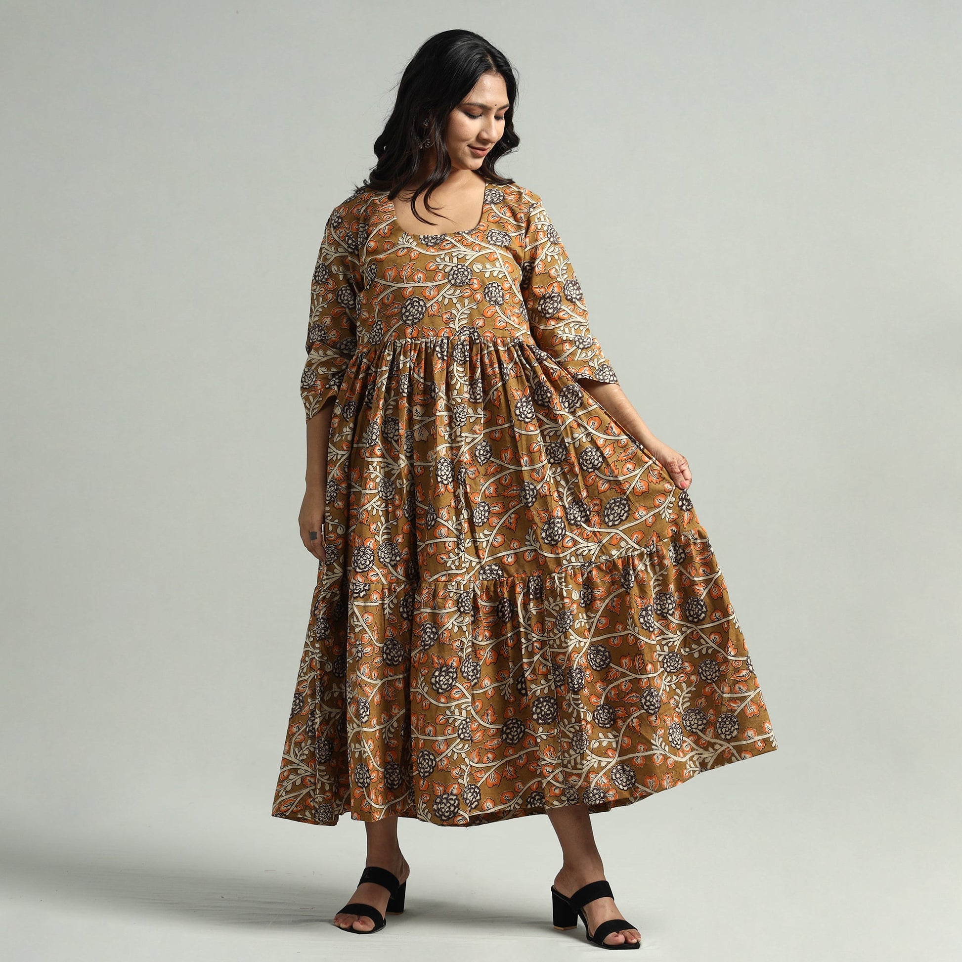 Brown - Kalamkari Printed Tiered Cotton Dress