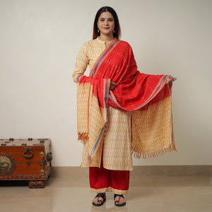 Beige - Pochampally Ikat Weave Cotton Kurta with Palazzo & Dupatta Set 14