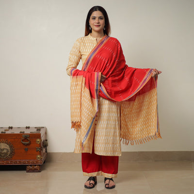 Beige - Pochampally Ikat Weave Cotton Kurta with Palazzo & Dupatta Set 14