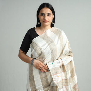 Beige - Bengal Kantha Hand Embroidery Pure Ghicha Silk Handloom Saree 135