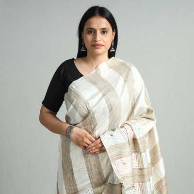 Beige - Bengal Kantha Hand Embroidery Pure Ghicha Silk Handloom Saree 135