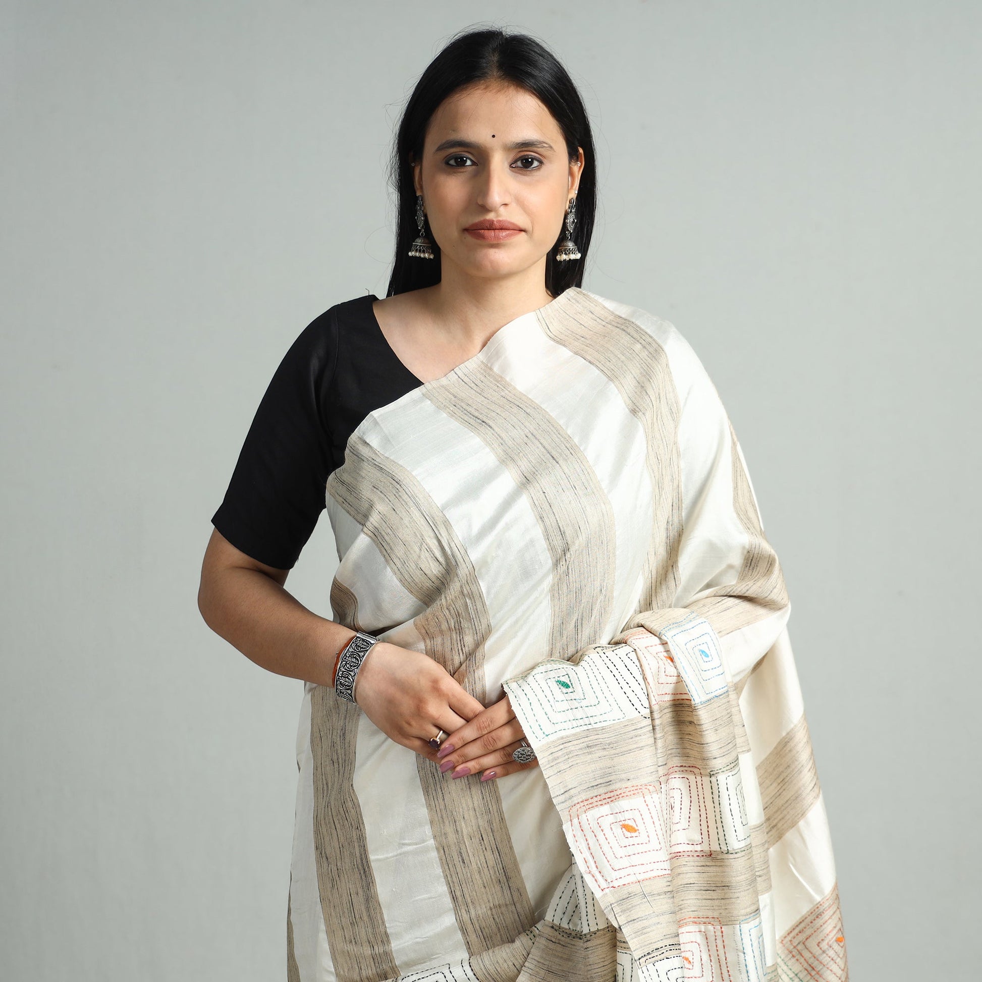 Beige - Bengal Kantha Hand Embroidery Pure Ghicha Silk Handloom Saree 135