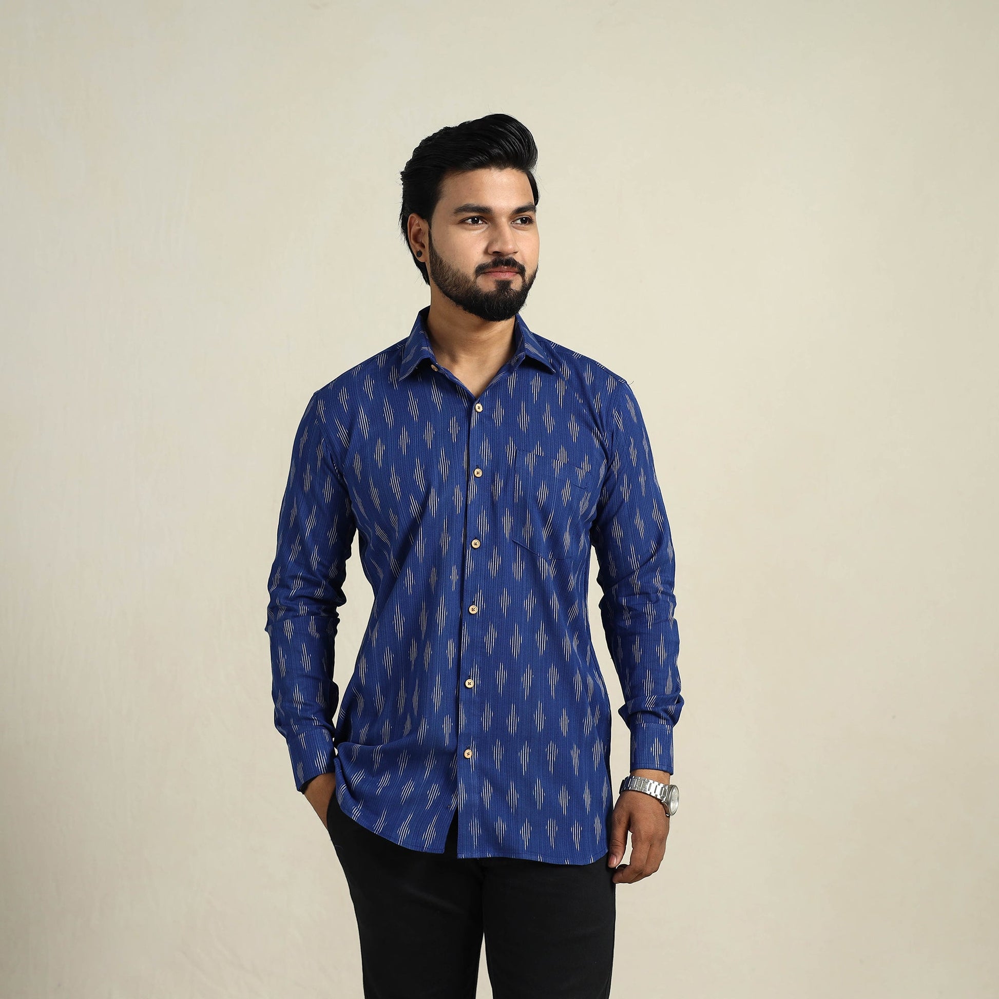 Blue - Full Sleeve Men Cotton Pochampally Ikat Shirt 11