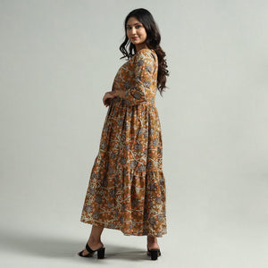 Brown - Kalamkari Printed Tiered Cotton Dress