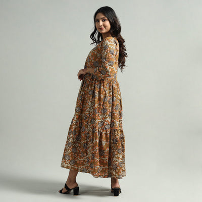 Brown - Kalamkari Printed Tiered Cotton Dress