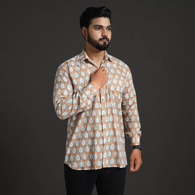 Brown - Sanganeri Block Printed Cotton Men Full Sleeve Shirt 12