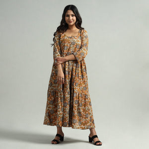 Brown - Kalamkari Printed Tiered Cotton Dress