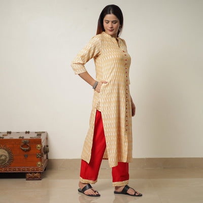 Beige - Pochampally Ikat Weave Cotton Kurta with Palazzo & Dupatta Set 14