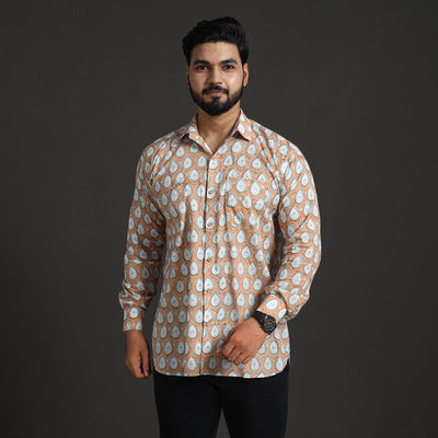 Brown - Sanganeri Block Printed Cotton Men Full Sleeve Shirt 12