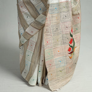 Beige - Bengal Kantha Hand Embroidery Pure Ghicha Silk Handloom Saree 135