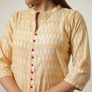 Beige - Pochampally Ikat Weave Cotton Kurta with Palazzo & Dupatta Set 14