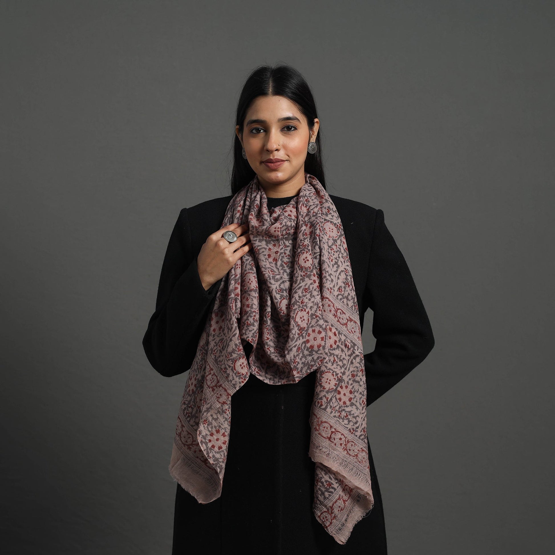 Black - Block Print Pedana Kalamkari Wool Stole 07