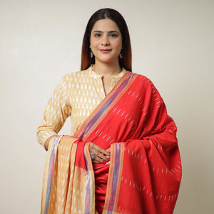 Beige - Pochampally Ikat Weave Cotton Kurta with Palazzo & Dupatta Set 14