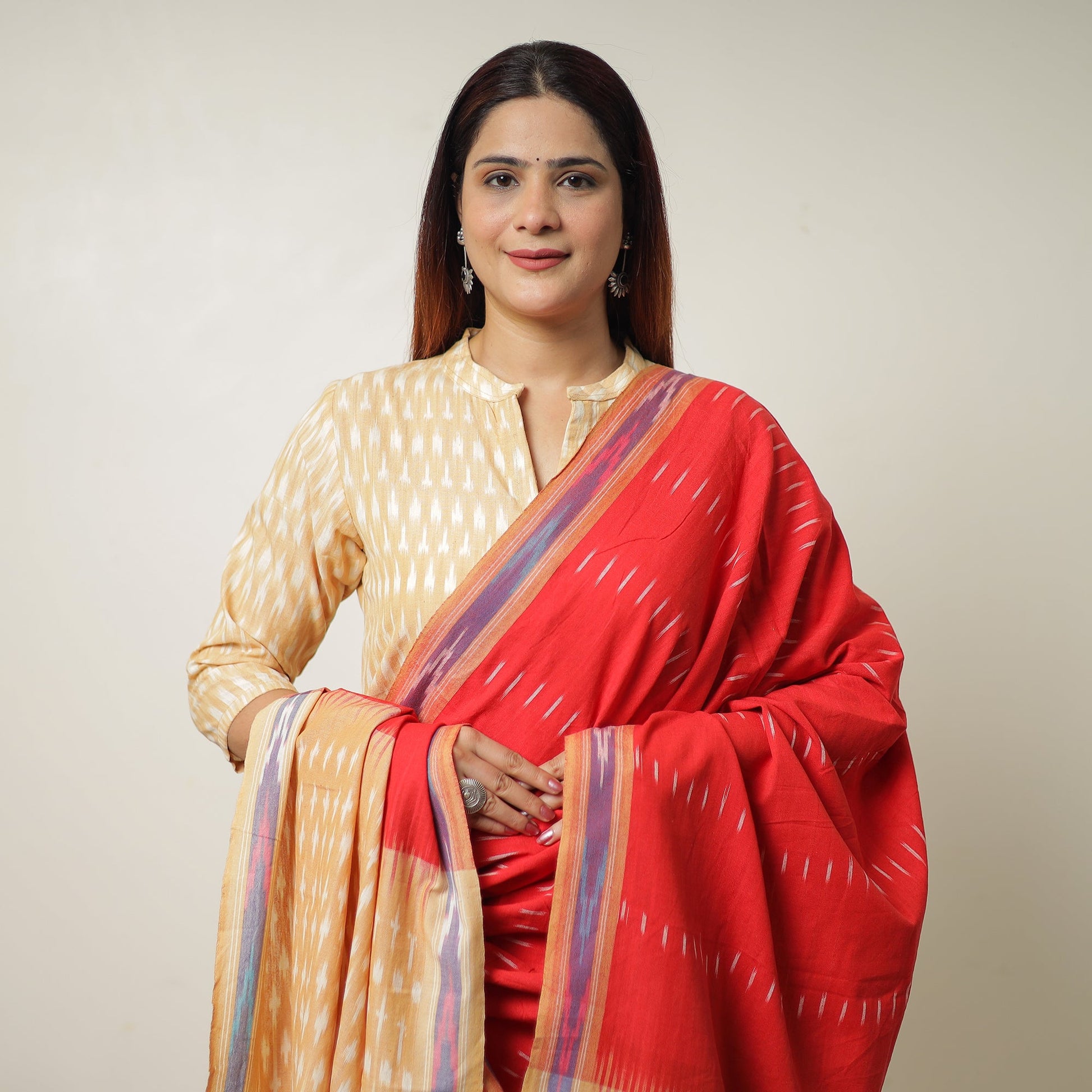 Beige - Pochampally Ikat Weave Cotton Kurta with Palazzo & Dupatta Set 14