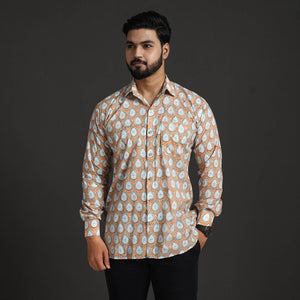 Brown - Sanganeri Block Printed Cotton Men Full Sleeve Shirt 12