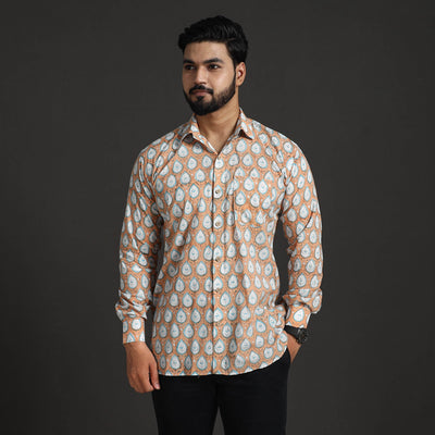 Brown - Sanganeri Block Printed Cotton Men Full Sleeve Shirt 12