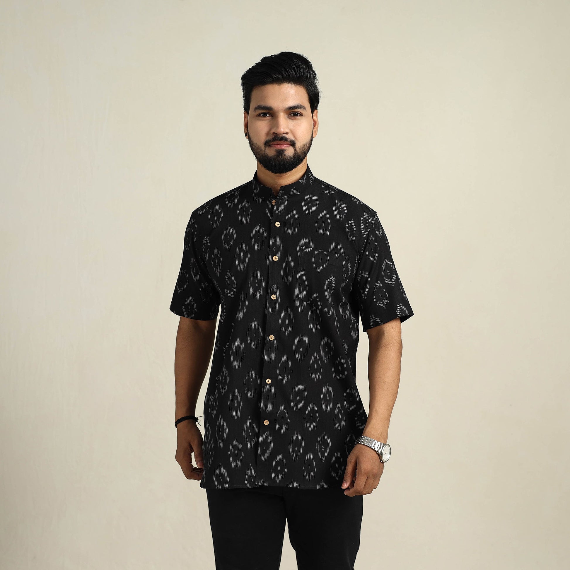 Black - Half Sleeve Men Cotton Pochampally Ikat Shirt 07