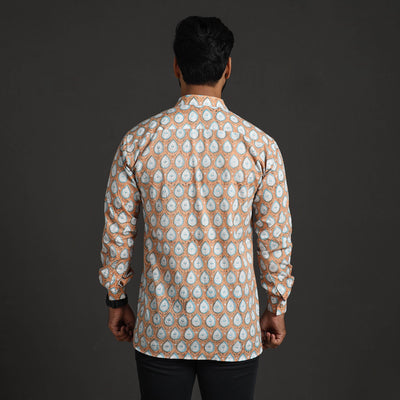 Brown - Sanganeri Block Printed Cotton Men Full Sleeve Shirt 12