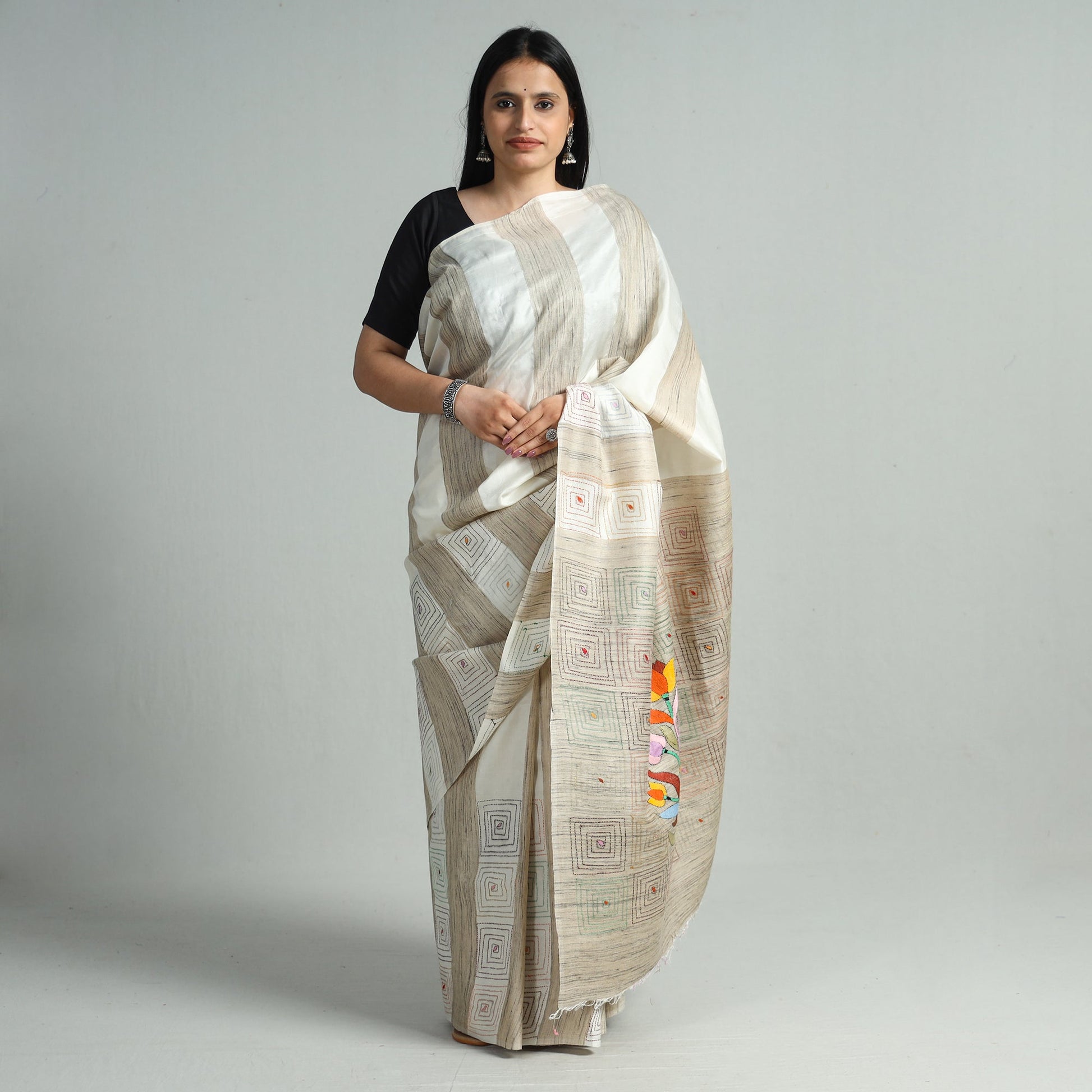 Beige - Bengal Kantha Hand Embroidery Pure Ghicha Silk Handloom Saree 136