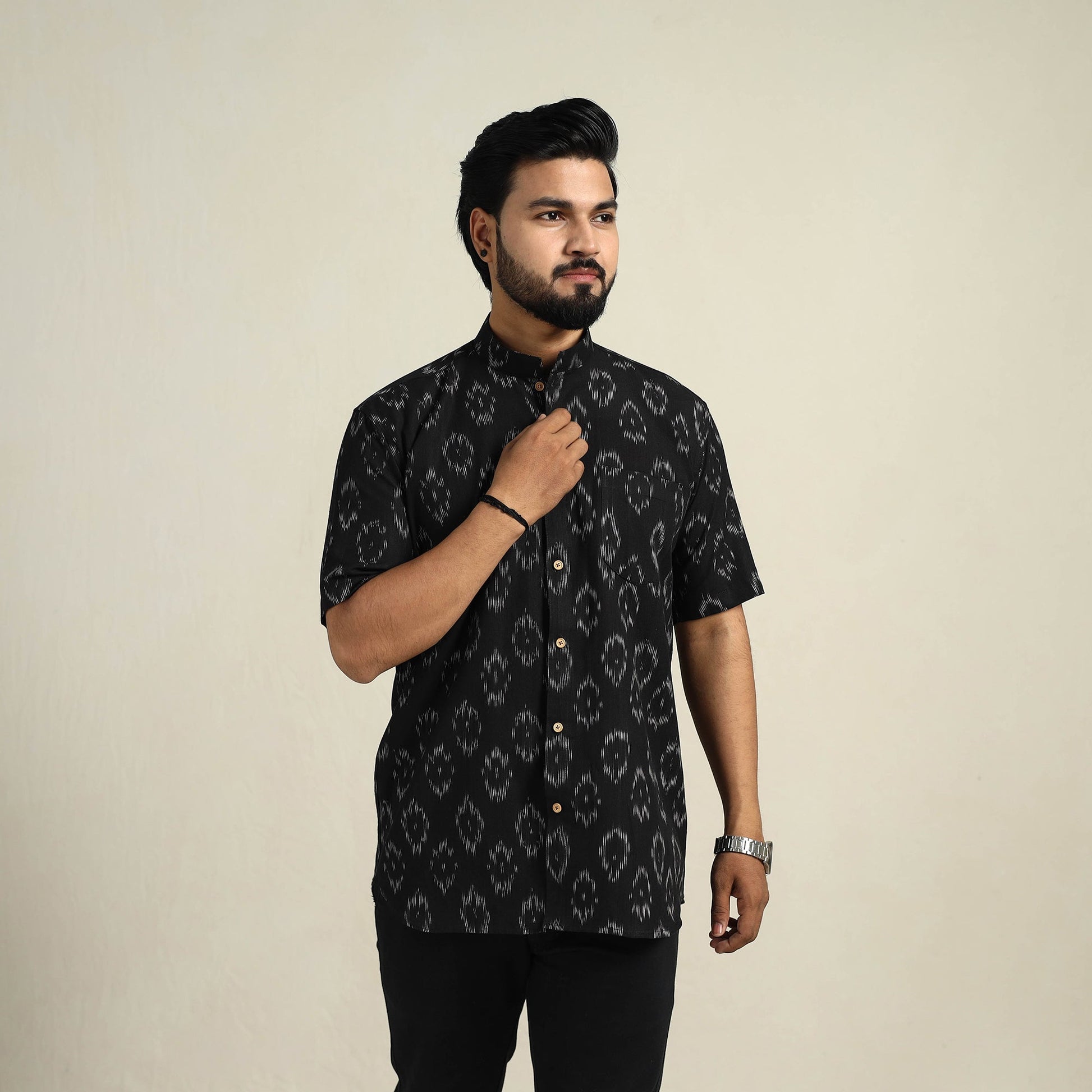 Black - Half Sleeve Men Cotton Pochampally Ikat Shirt 07