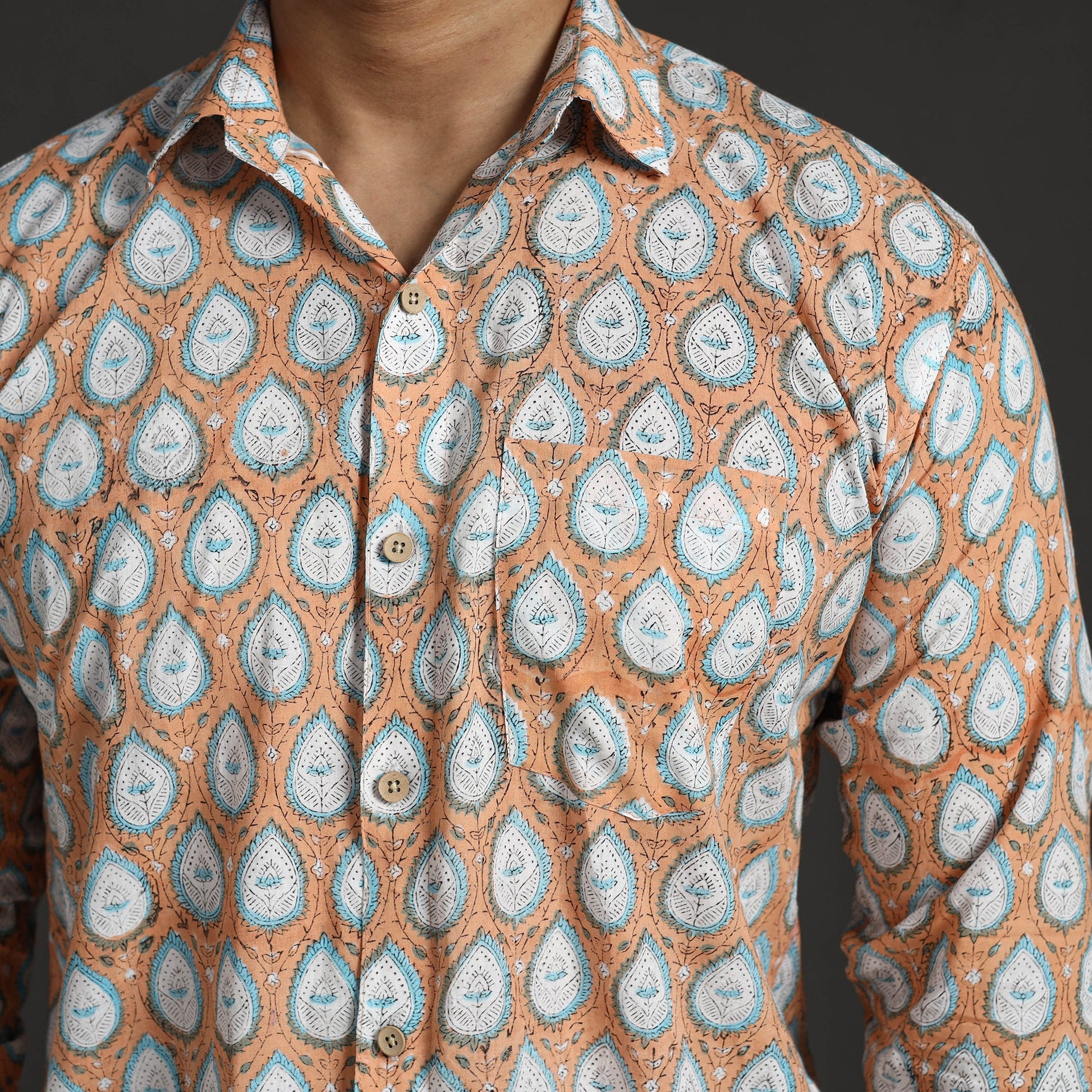 Brown - Sanganeri Block Printed Cotton Men Full Sleeve Shirt 12