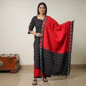 Black - Pochampally Ikat Weave Cotton Kurta with Palazzo & Dupatta Set 01