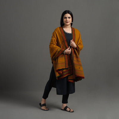 Brown - Kutch Bhujodi Weaving Handwoven Mirror Work Woolen Shawl 01