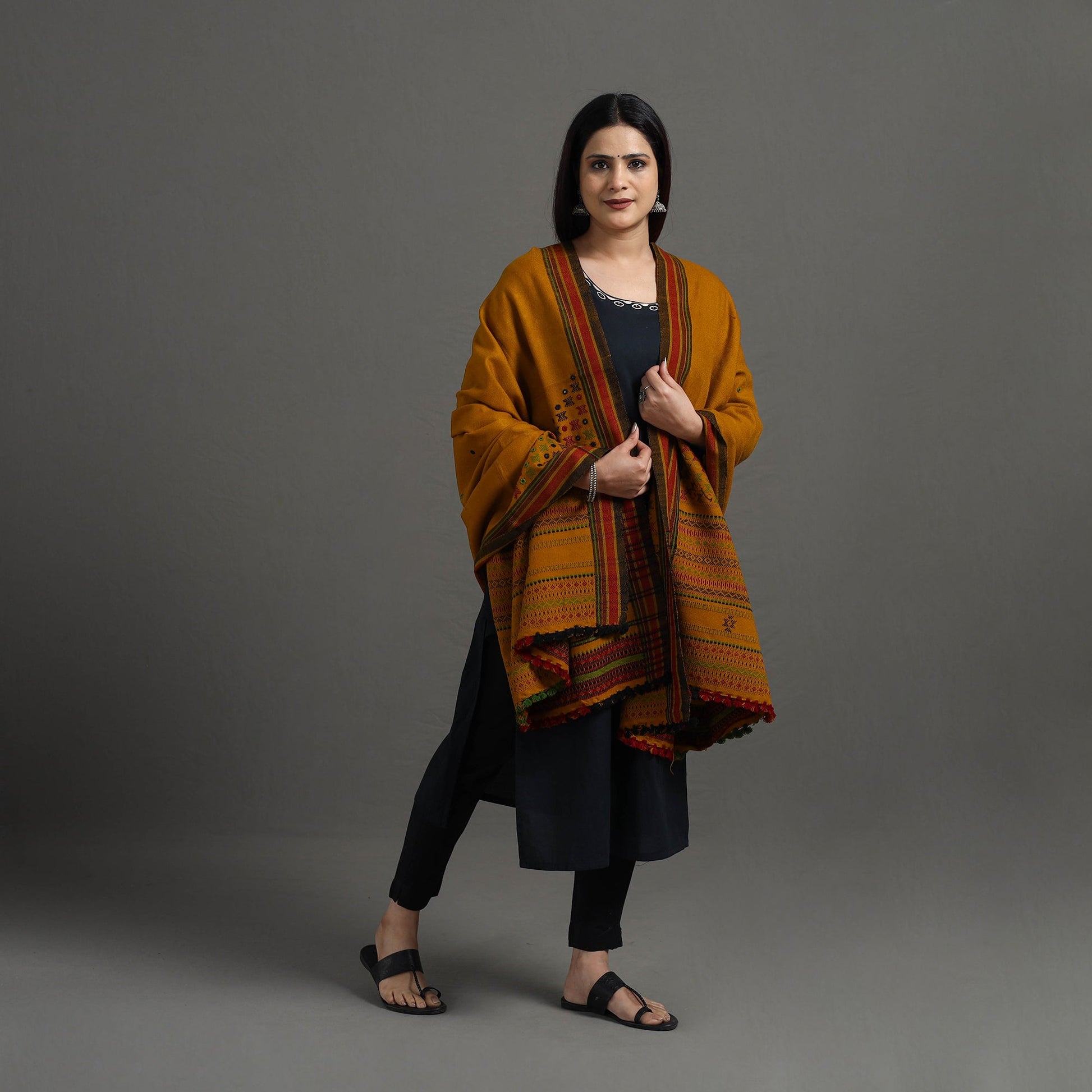 Brown - Kutch Bhujodi Weaving Handwoven Mirror Work Woolen Shawl 01