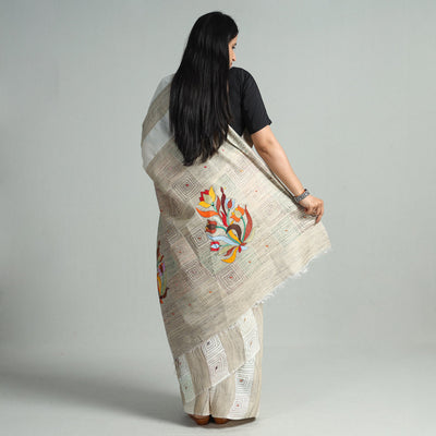 Beige - Bengal Kantha Hand Embroidery Pure Ghicha Silk Handloom Saree 136