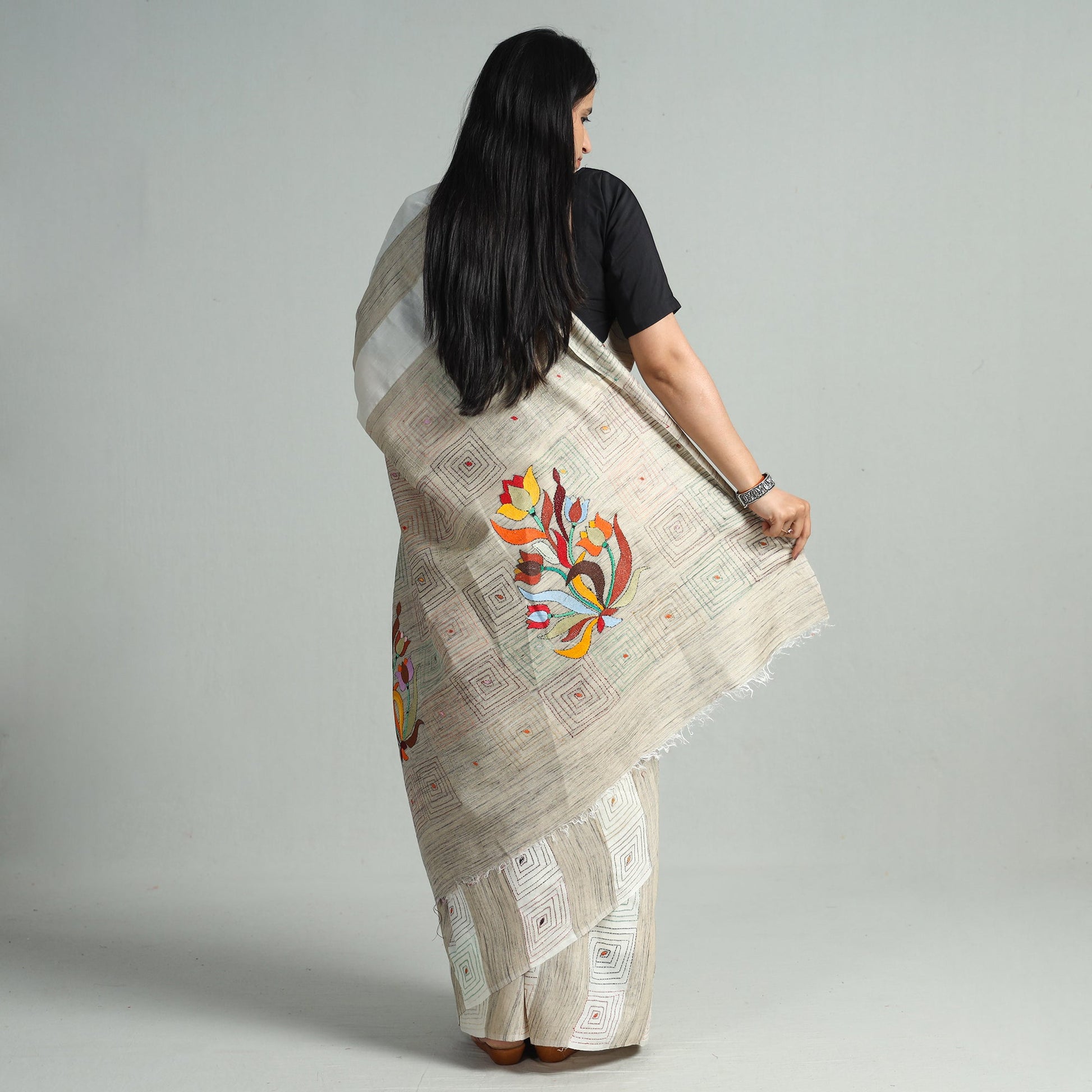 Beige - Bengal Kantha Hand Embroidery Pure Ghicha Silk Handloom Saree 136
