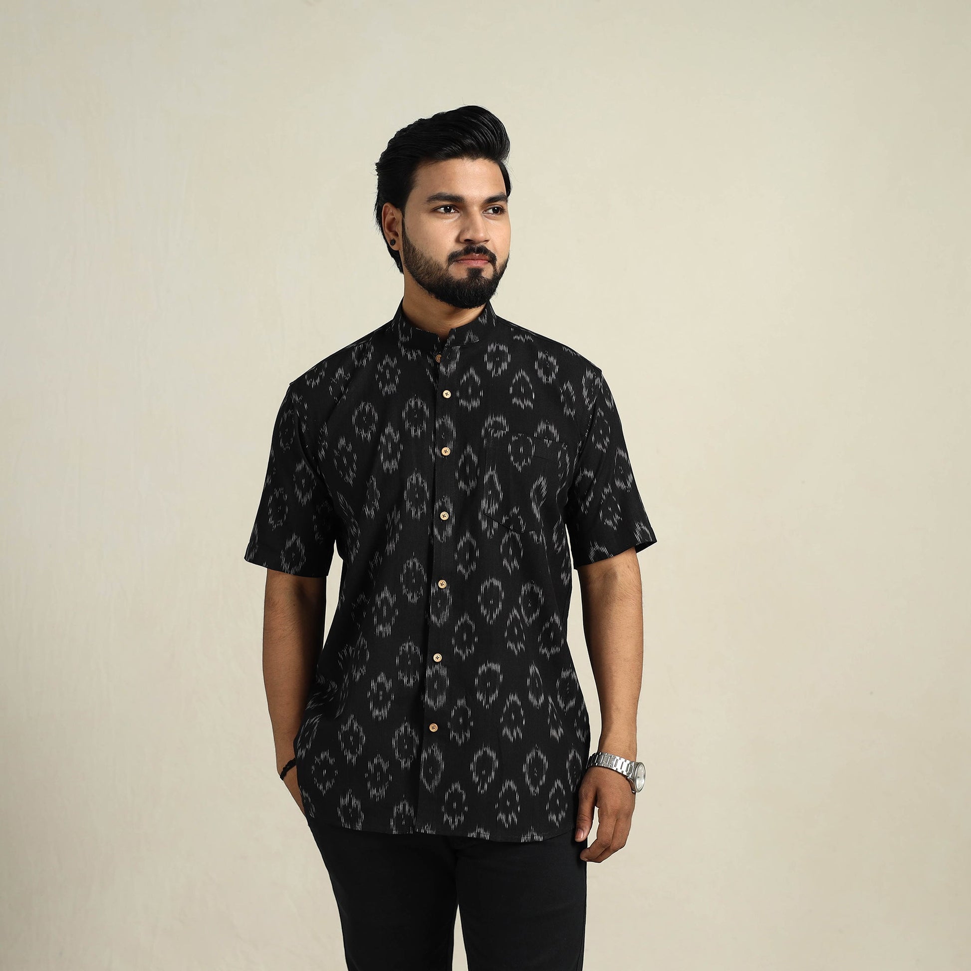 Black - Half Sleeve Men Cotton Pochampally Ikat Shirt 07